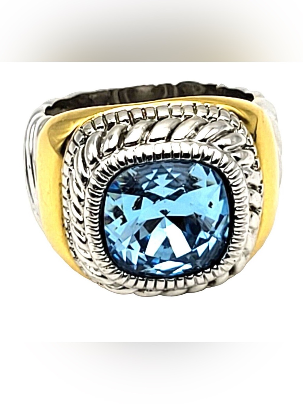 Vintage Joan Rivers ring Gold & Silver Tones Faux Blue Topaz Twisted Design